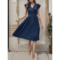 thumbnail image 2 of Womens Summer Dresses Ruffle Sleeve V Neck Midi Dress 2024 Fashion Casual Fit Pleated Swing Dress Boho Beach Vacation Sundress (Navy Blue,Medium), 2 of 6