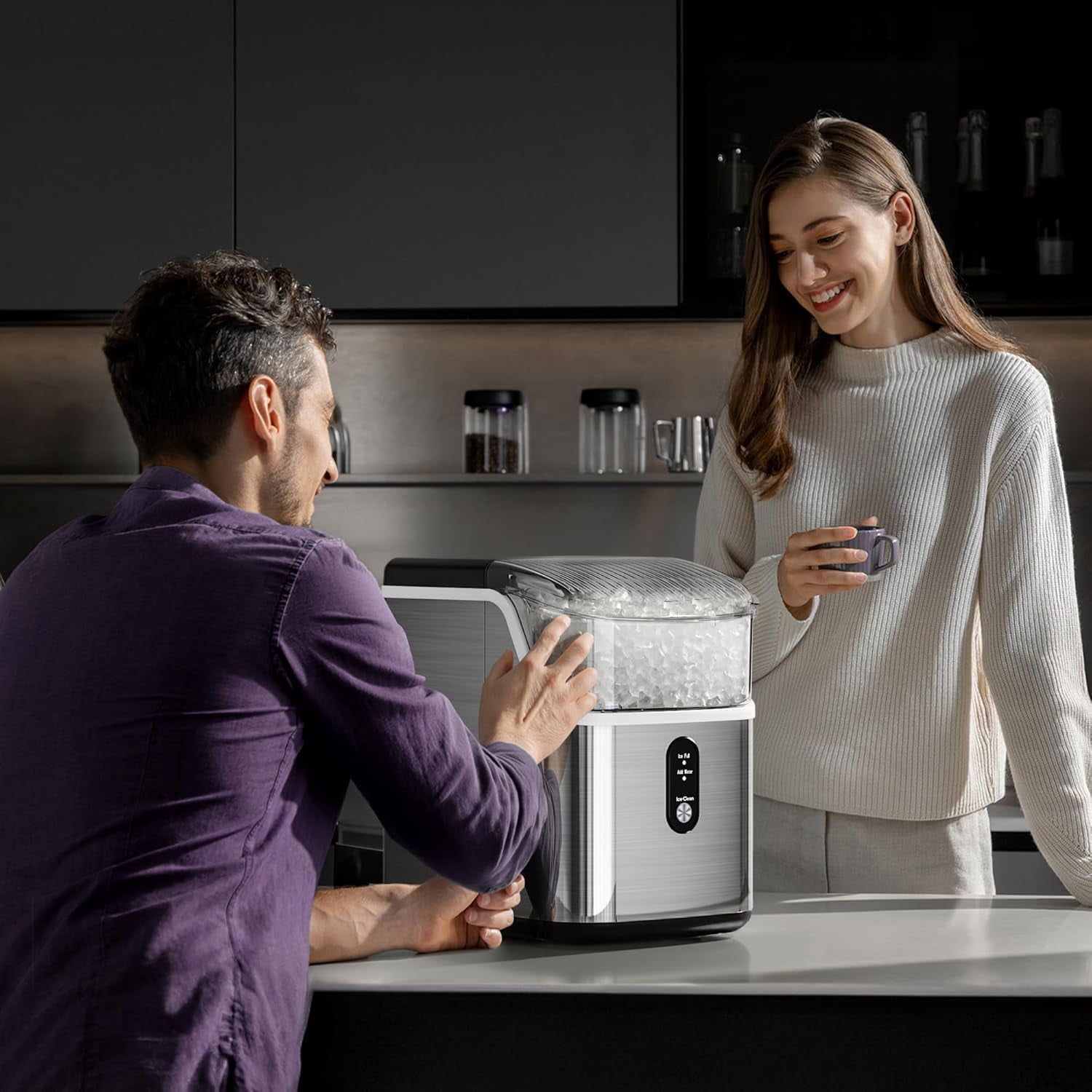 KISSAIR Nugget Ice Maker Countertop, 35lbs/24H with Self-Cleaning Function, Portable Sonic Ice Machine for Home/Office Stainless Steel,Sliver