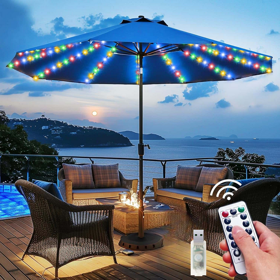 Patio Umbrella Light,8 Strip LED Patio Light 53.15 in,8 Modes Umbrella Lights,Remote USB Control String Lights for 1.05 - 1.65 in Patio Umbrella Decor,Warm White,Colorful