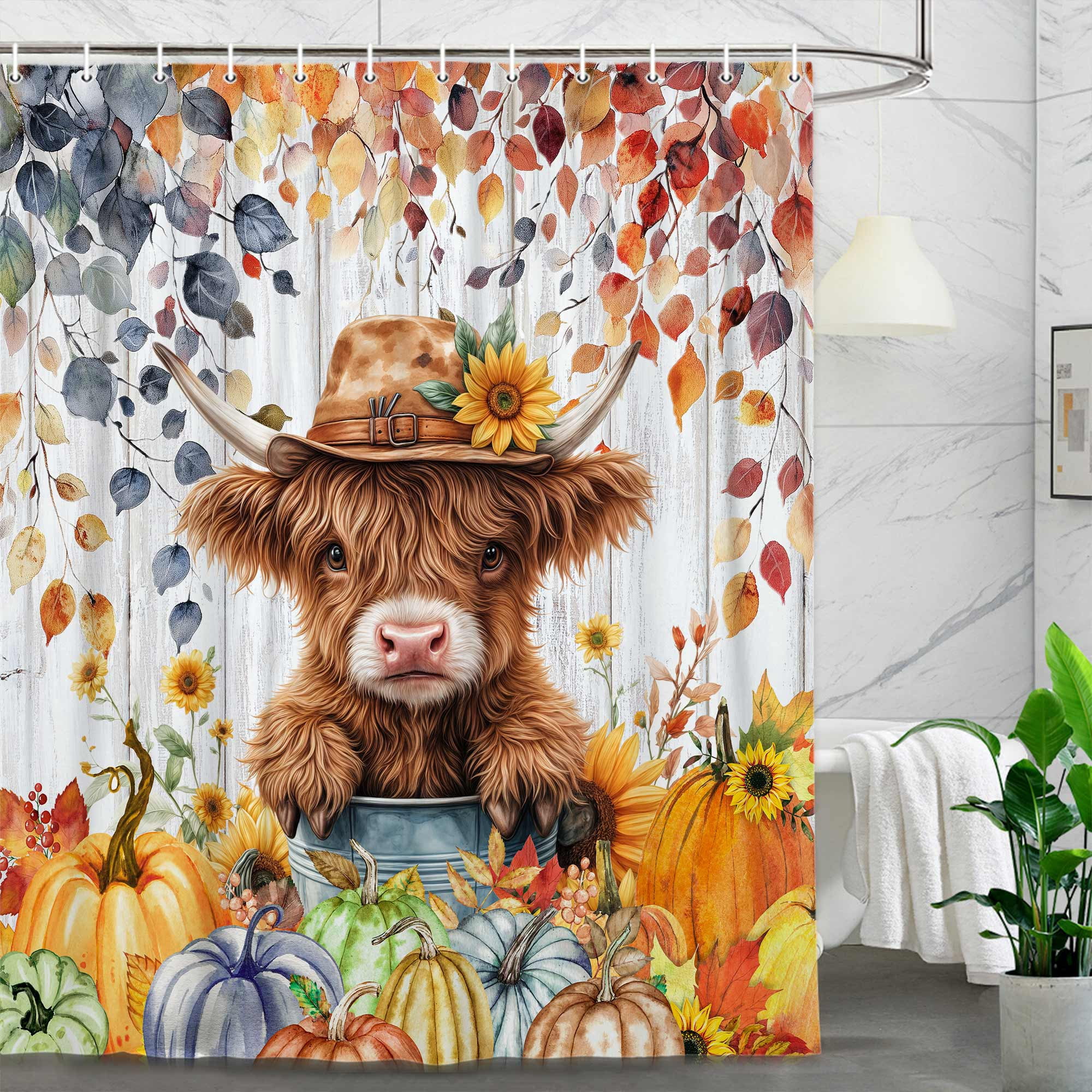 Fall Highland Cow Shower Curtain, Autumn Pumpkin Harvest Maple Leaves Wooden Western Bath Curtain, Funny Animals Thanksgiving Farmhouse Bathroom Shower Curtain Set with Hooks, 70X85in