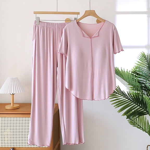 Juslio Women Pajamas Solid Fashion Modal with Chest Pad Tops and Pants Homewear 2 Piece Matching Pajamas Sets L