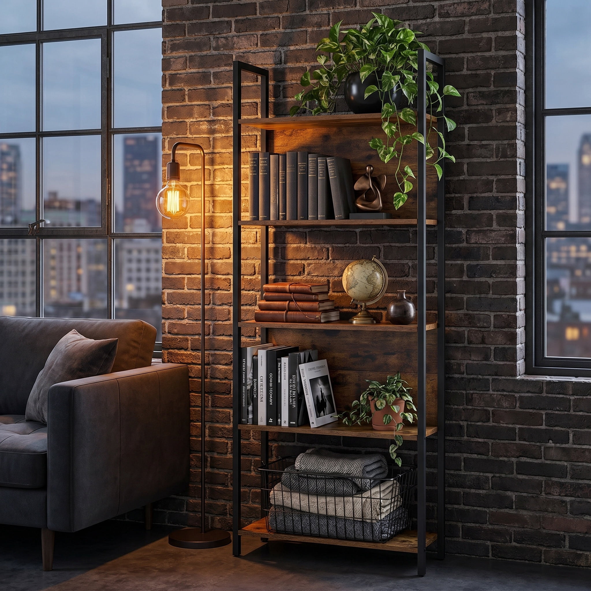 Nordic Hygge 5-Tier Industrial Bookshelf, Slim Storage Bookcase with Steel Frame, Rustic Brown and Black