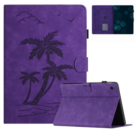 Case for Samsung Galaxy Tab S5e 10.5 2019 (SM-T720 SM-T725 SM-T727) Released,PU Leather Embossed Coconut Tree Slim Case with Pencil Holder Card Slot Protective Smart Cover,Purple