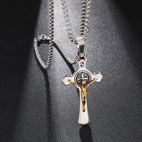 Jesus Cross Necklaces Pendants 14K Yellow Gold Exorcism St. Benedict Crucifix Necklace For Men Jewelry