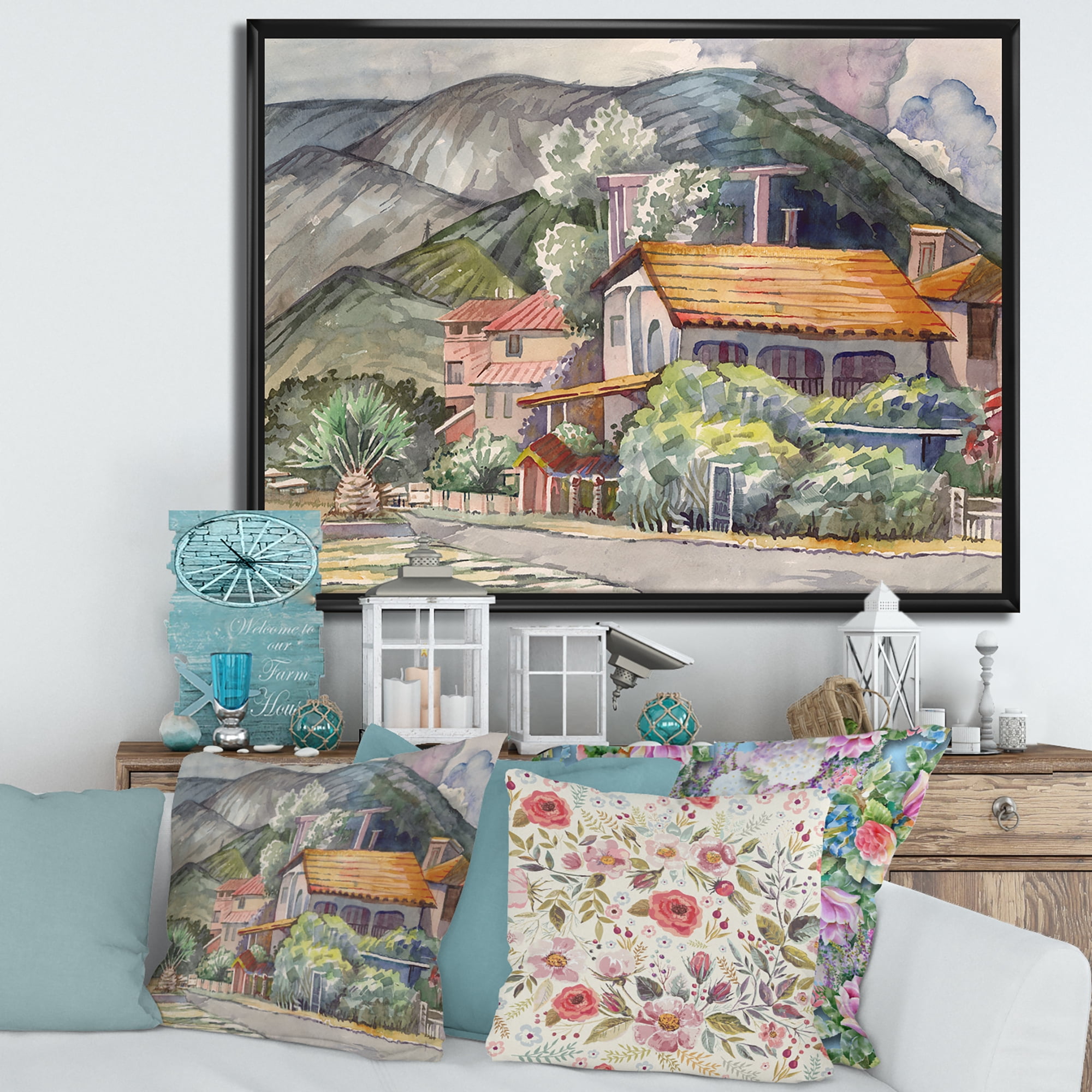 Designart 'Greek Mountains Landscape Off The Coast Of The Aegean Sea ' Traditional Framed Canvas Wall Art Print