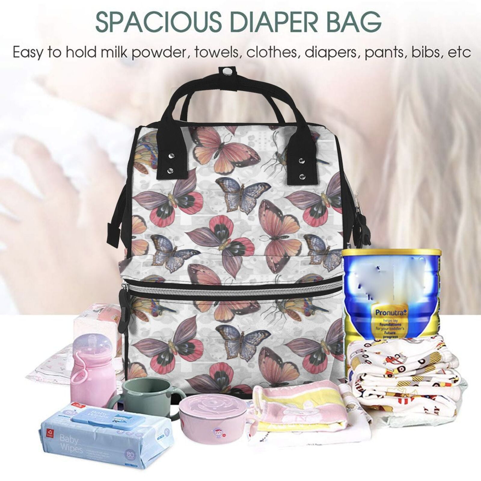 Ratiio Vintage Butterflies Mummy Backpack - Waterproof Twill Canvas, Large Capacity Diaper Bag with Multiple Pockets and Adjustable Straps