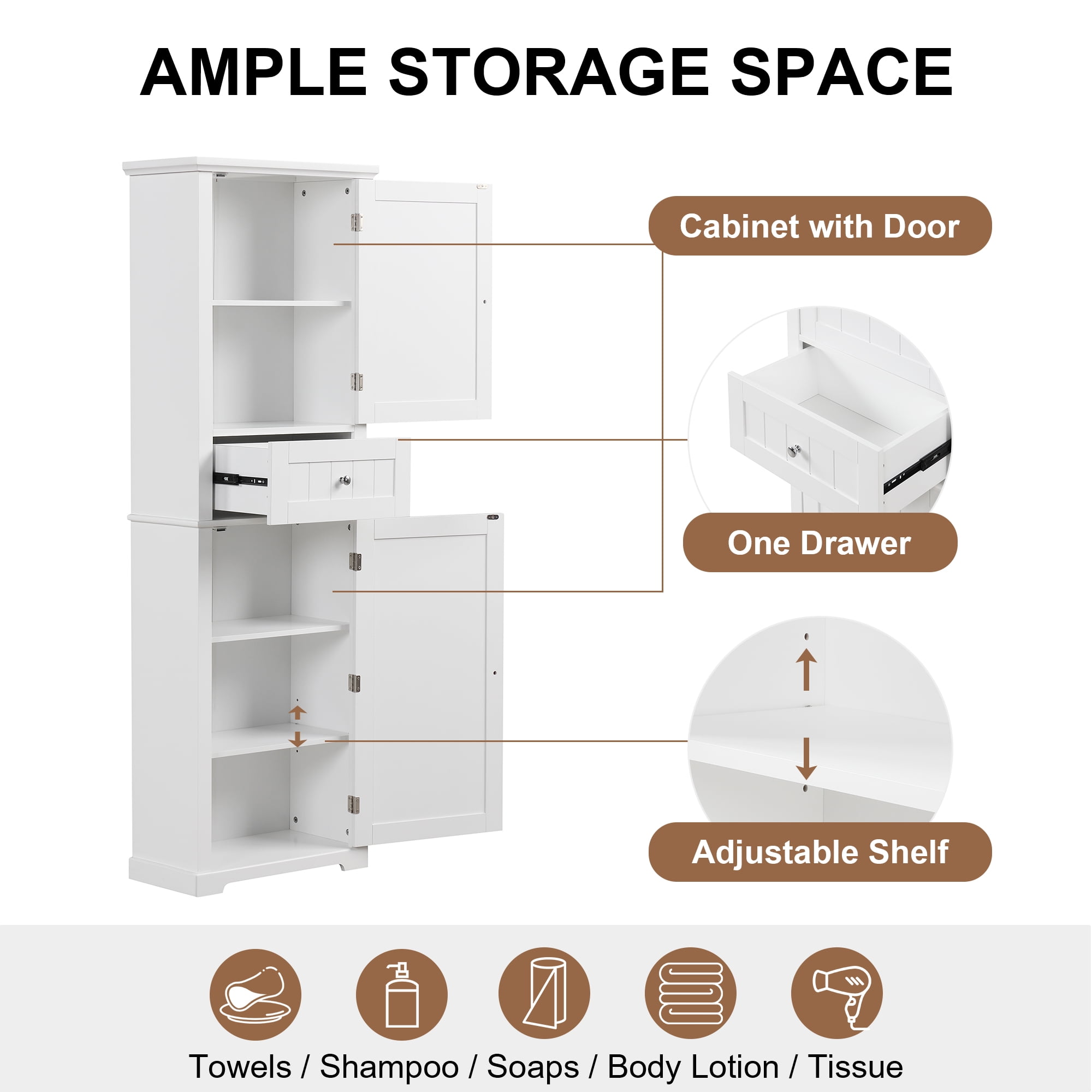 Euroco Tall Bathroom Storage Cabinet, Freestanding Storage Cabinet with Drawer and Adjustable Shelf, MDF Board with Painted Finish, White