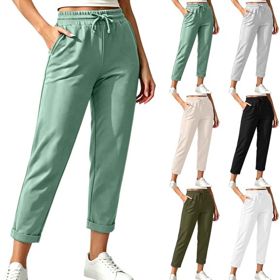 Women Solid Capri Pants, Elastic Drawstring Waist Casual Cropped Trousers with Side Pockets Green-A XL(XL)