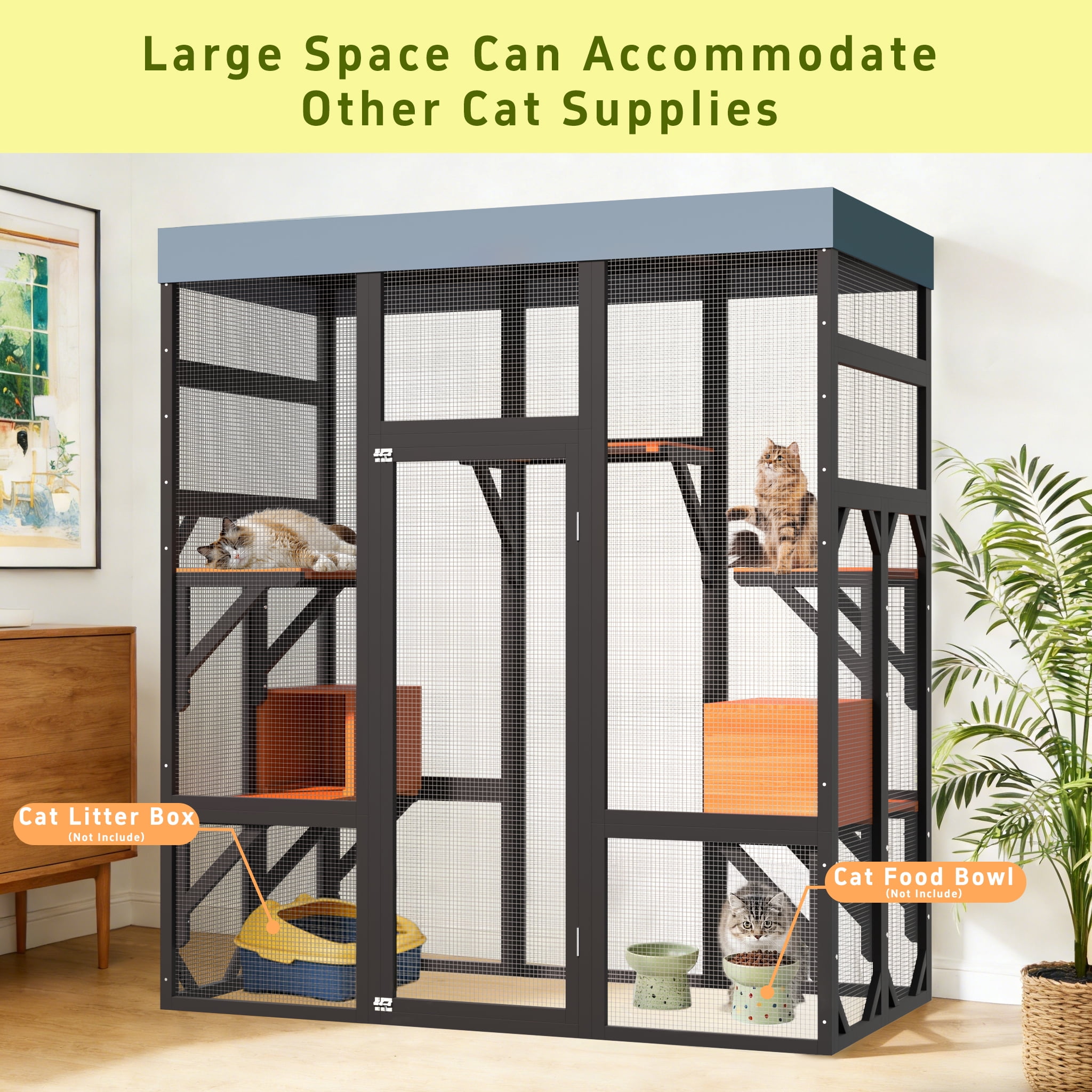 Kosynda Large Catio Outdoor Cat Enclosure with 5 Platforms, 2 Napping Houses, Wooden Cat House Kitty Cage with Weatherproof Roof for Multiple Cats, Black