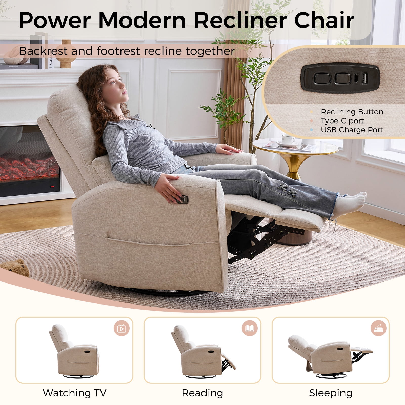 Aemeios Power Recliner Swivel Rocker Glider Chair Chenille Nursery Recliner, Camel