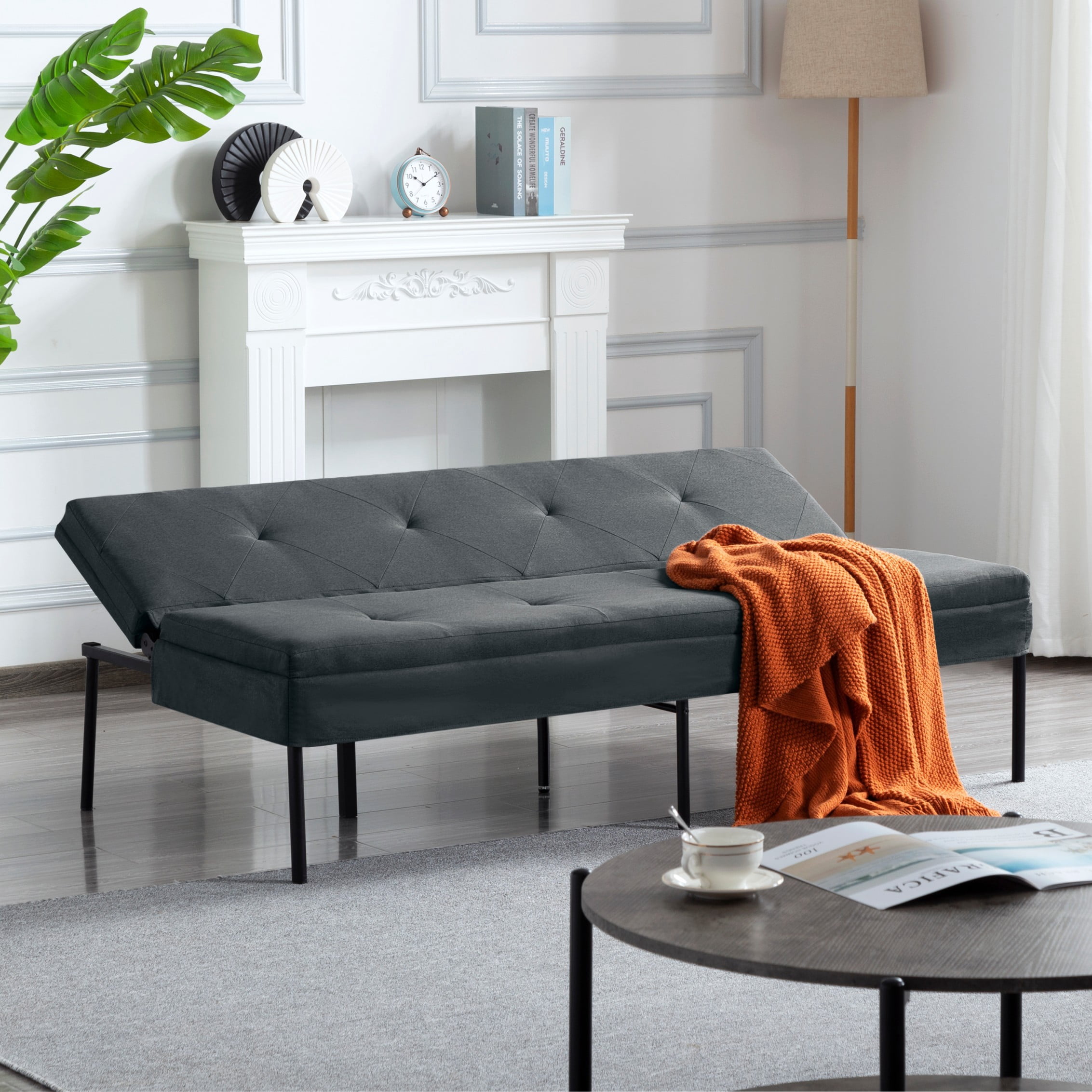 BSHTI 63.39" Futon Sofa Bed – 5 Adjustable Positions, Polyester Fabric, Iron Frame, Modern Design for Living Room, Apartment, Office, Dormitory, Dark Gray