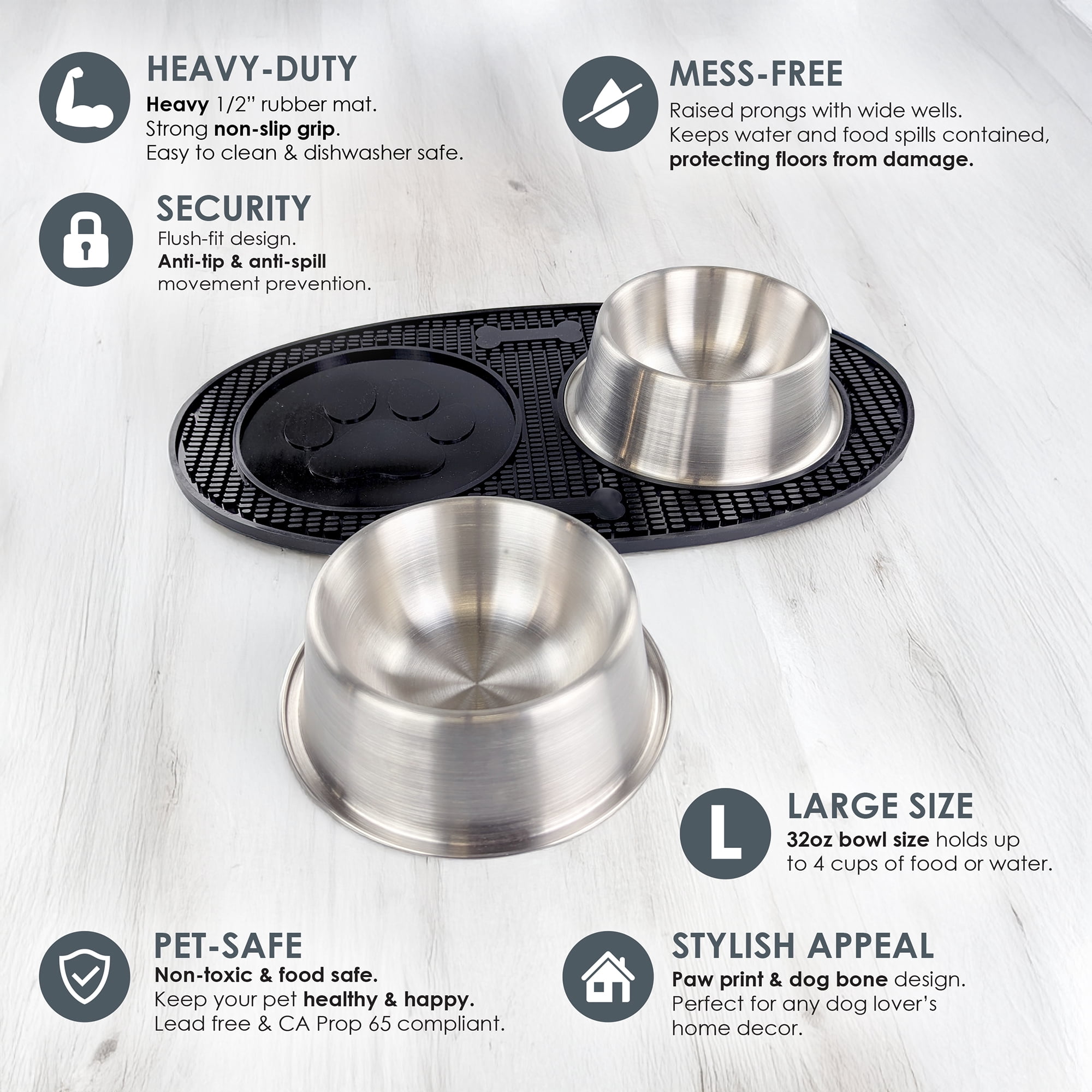 BREKX Metal Dog Bowls Set with Spill Mat for Dogs
