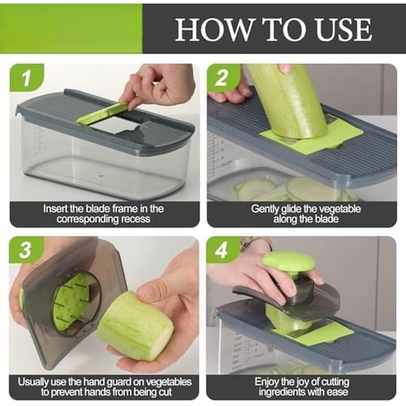 Mandolin Slicer for Kitchen Food, Hand Safe Vegetable Shredder with 6 Mandoline Blades, Veggie Waffle Cutter for Potato, Carrot, Zucchini, Onion, Essential Kitchen Gadgets (6 in 1, Gray)