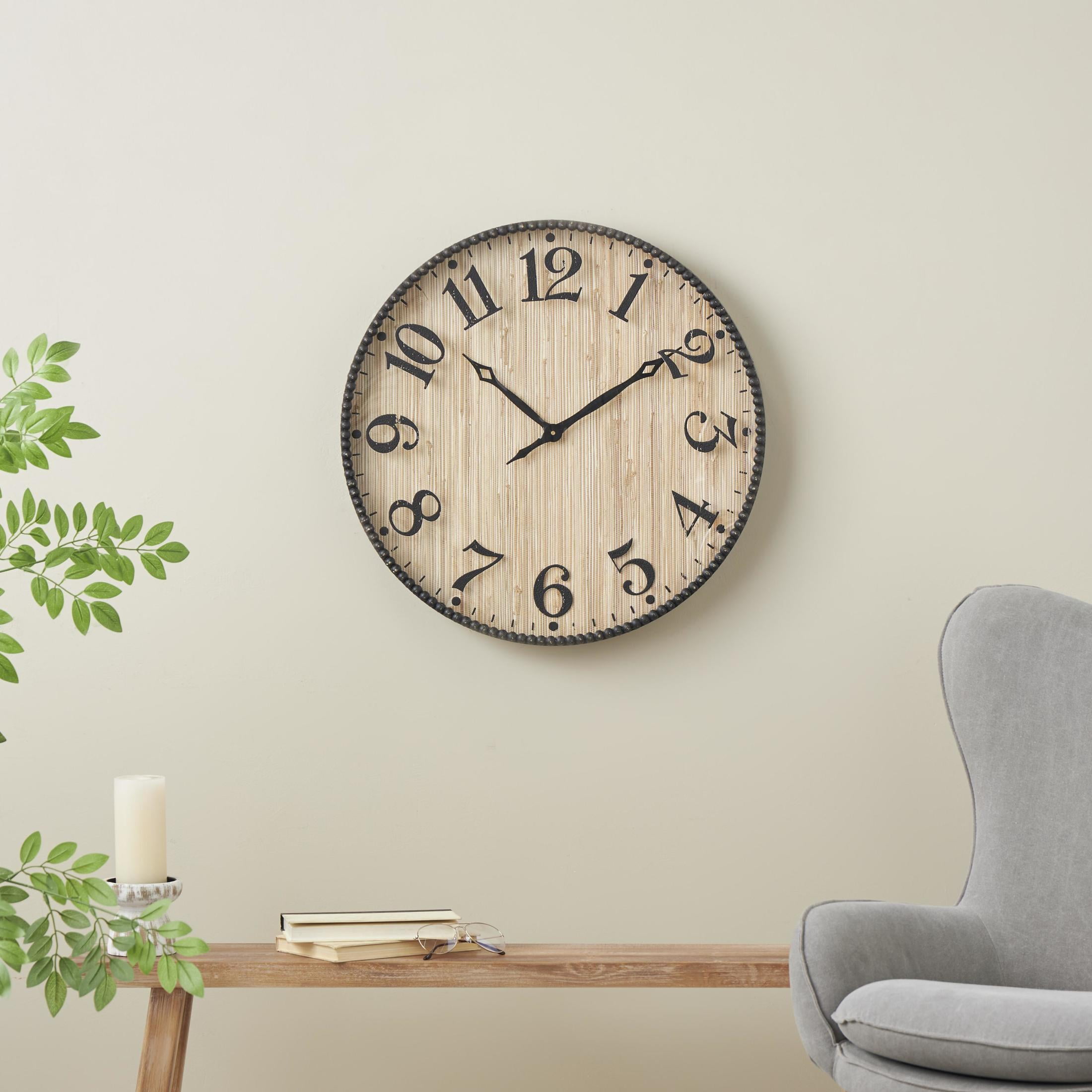 DecMode 24" Light Brown Wood Distressed Wall Clock with Beaded Wood Frame