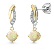 Gem Stone King 925 Silver and 10K Yellow Gold White Ethiopian Opal and White Lab Grown Diamond Stud Earrings for Women | 0.65 Cttw | Gemstone October Birthstone | Round Cabochon 5MM