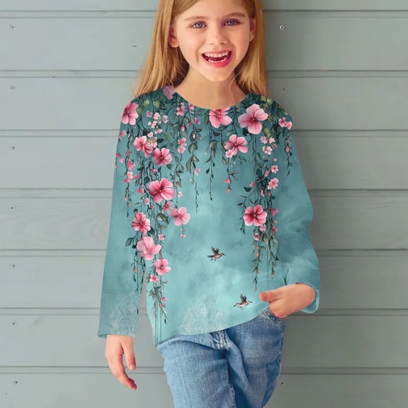 Juslio Girl Shirts Graphic Tees Long Sleeve Round Neck Print Kids Clothing Fashion Tops Casual Girls and Boys Shirts