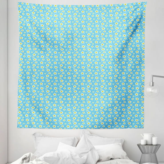 Yellow and Blue Tapestry, Cartoon Chamomiles Blooms and Dots Fresh Spring Season Elements, Fabric Wall Hanging Decor for Bedroom Living Room Dorm, 5 Sizes, Yellow White and Blue, by Ambesonne
