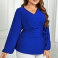 thumbnail image 6 of Fesfesfes Women's Plus-Size Wrap Tops Deep V-Neckline Lantern Sleeves Blouses Tied Waist Detail Stretch Fabric Elegant Comfy Clothes(Blue,XL), 6 of 6