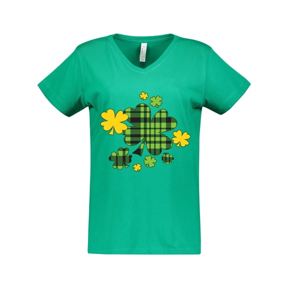 Inktastic St. Patrick's Day Plaid Green and Yellow Shamrocks Women's V-Neck T-Shirt