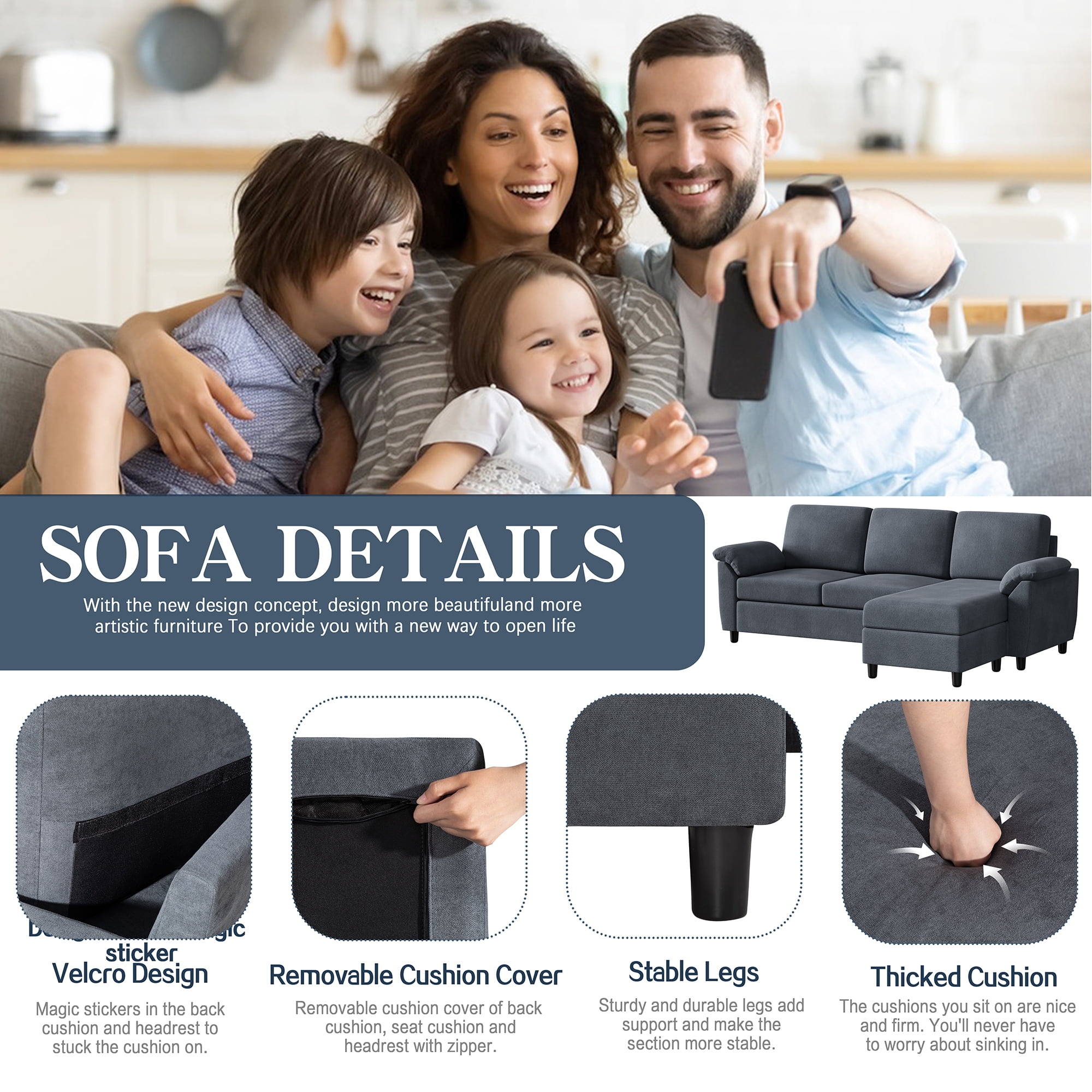 Sobaniilo 79 Convertible Sectional Sofa Couch, Linen Fabric L Shaped Couch  with Reversible Ottoman, 3-Seat Small Sectional Sofa Couches for Living