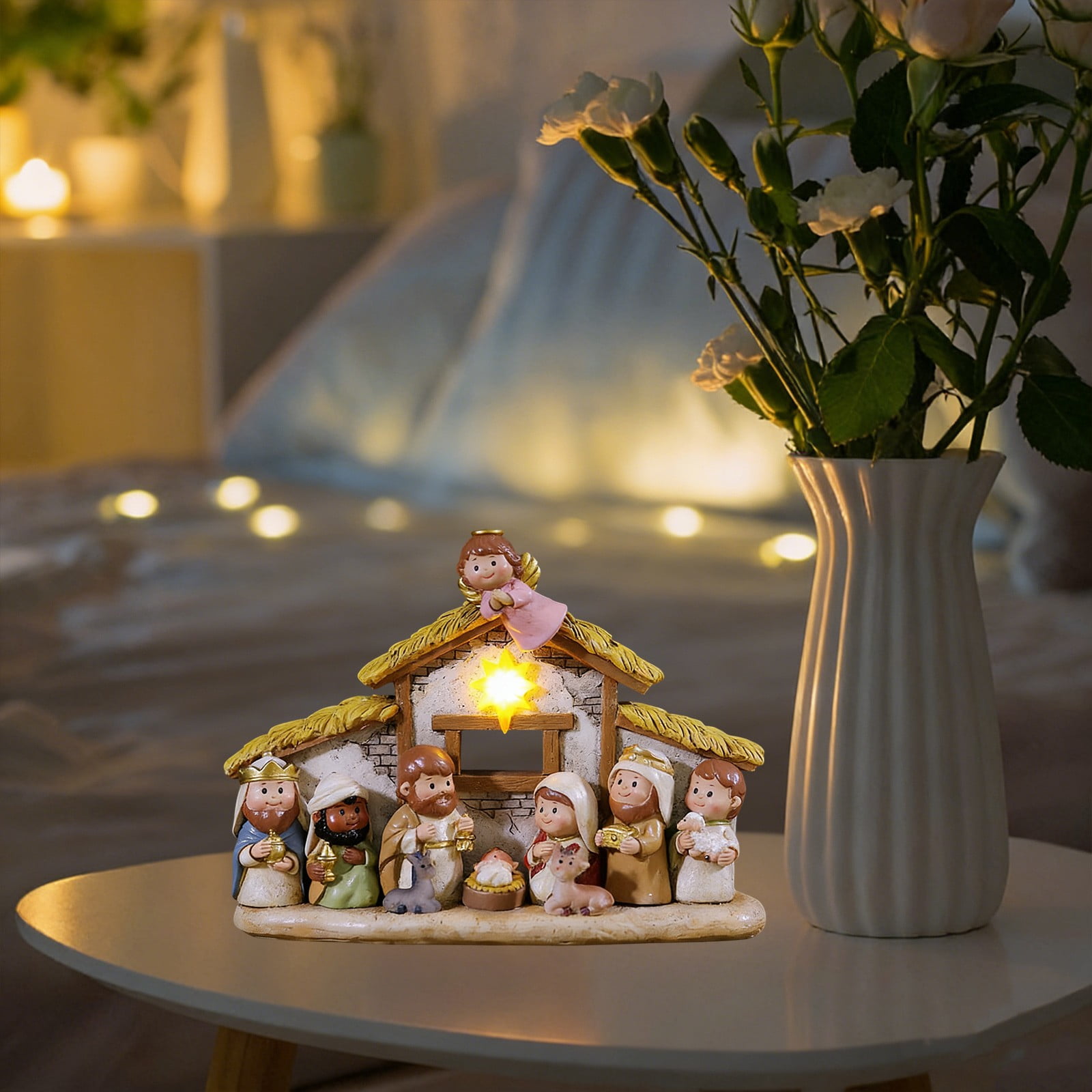 Christmas Nativity Set with LED Light,Mini Little People Nativity Scene-Hand Painted Manger Figurines with Baby Jesus,Religious Indoor Tabletop Decor,Christian Nativity Story Figures for Easter Gifts