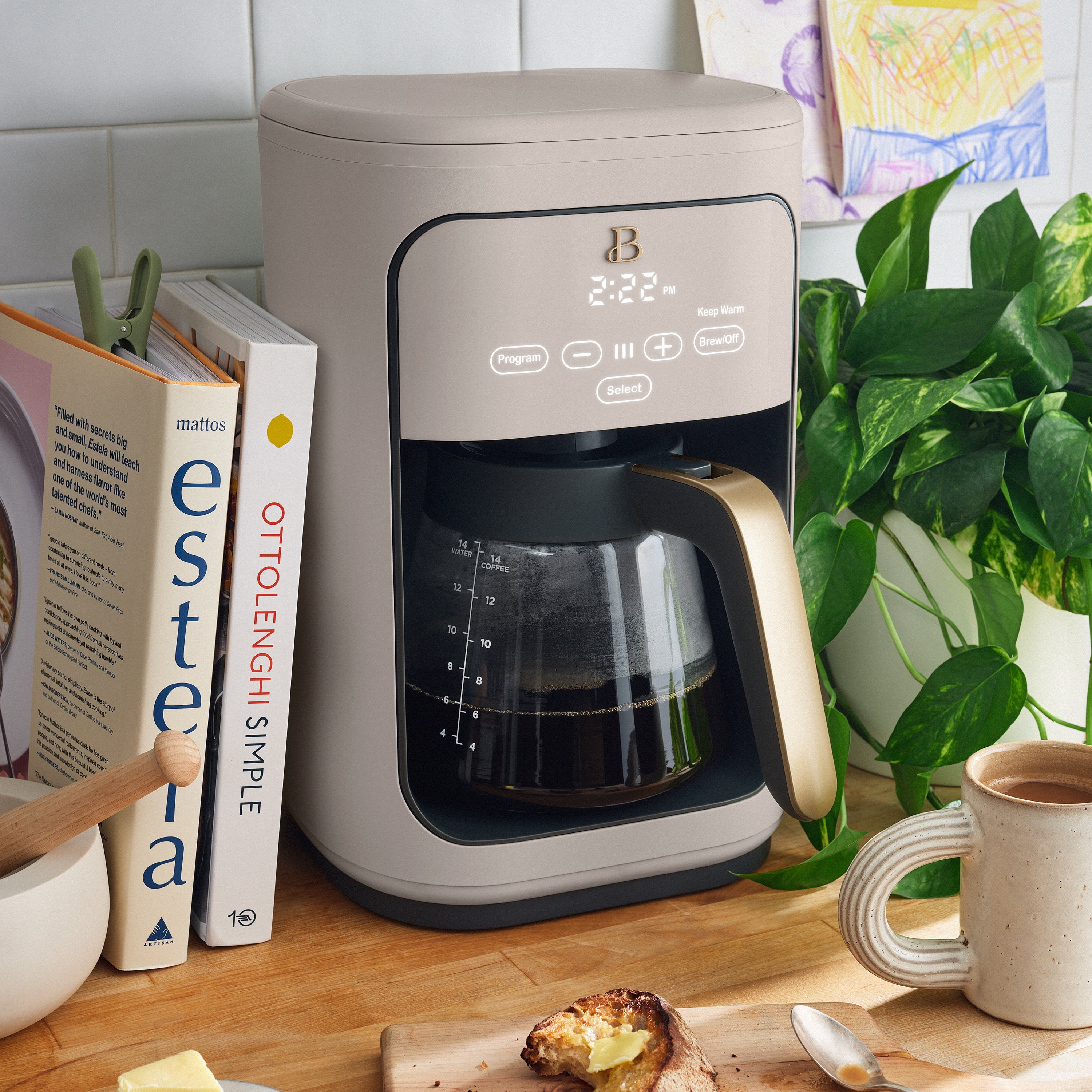 Beautiful 14-Cup Programmable Drip Coffee Maker with Touch-Activated Display, Porcini Taupe by Drew Barrymore