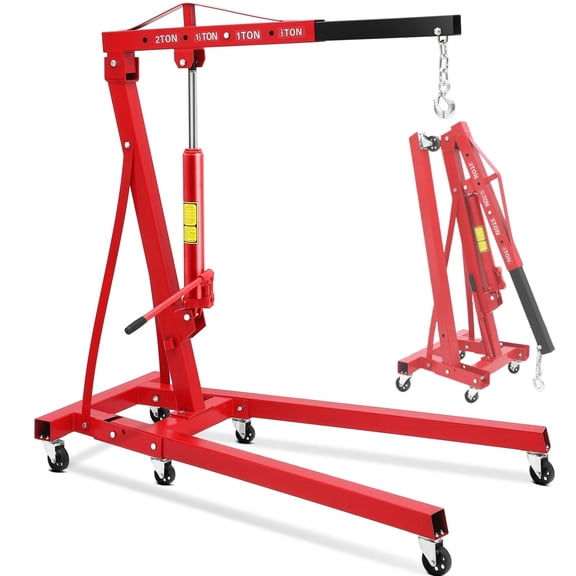 GARVEE 2 Ton(4400lb) Cherry Picker Engine Hoist,Red Heavy Duty Folding Engine Crane with 6 Casters,Telescopic Boom Hitch, Black