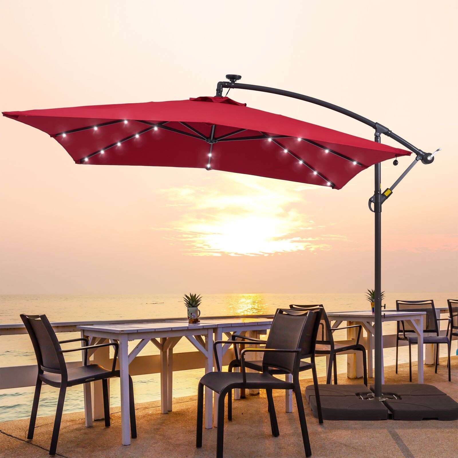 BONOSUKI 8.2Ft Solar Powered Cantilever Patio Umbrella With Base Red