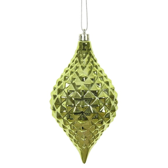 Vickerman 6" x 3" Lime Shiny Diamond Drop Ornament, with drilled and wired caps. Comes 4 per Bag.