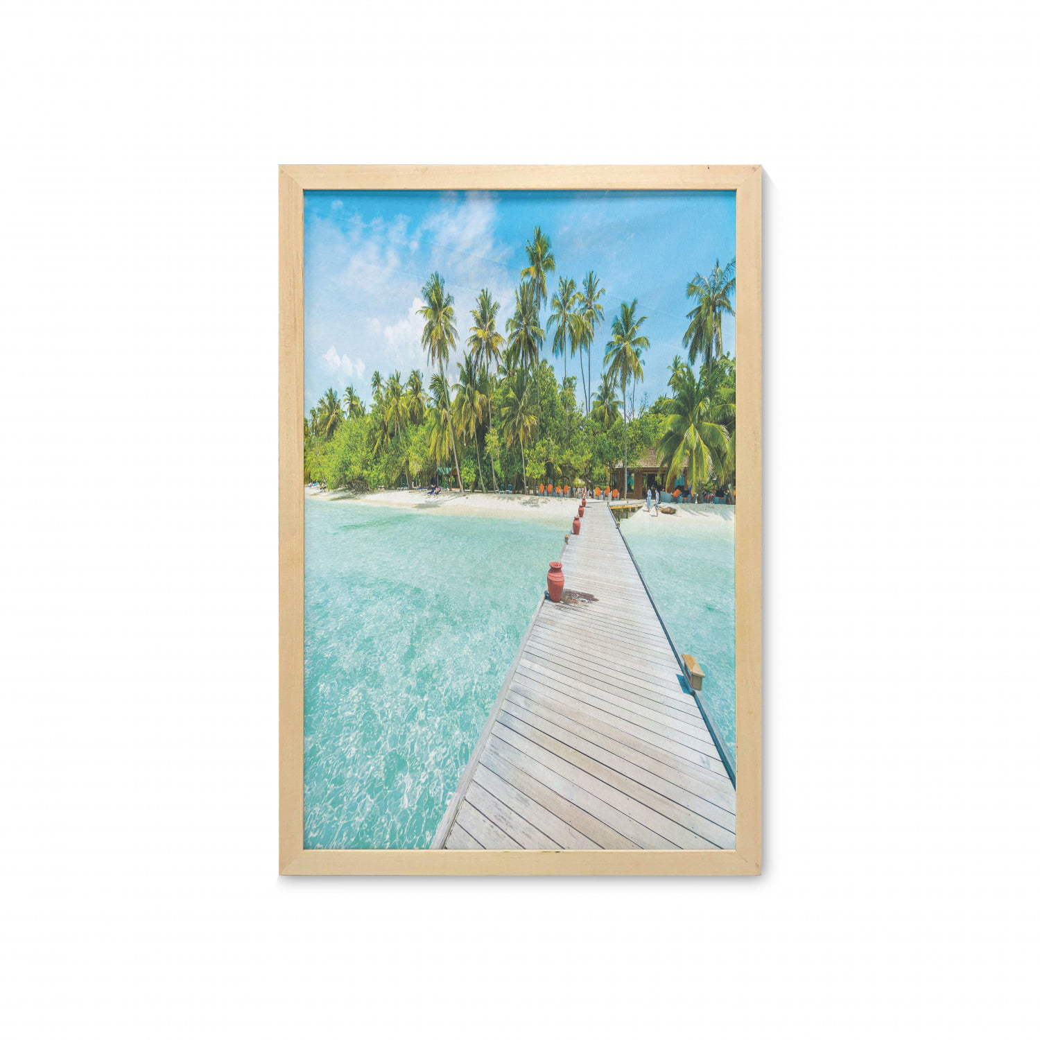 Tropical Wall Art with Frame, Maldives Island with Beach Wooden Deck Palms  Exotic Holiday Picture, Printed Fabric Poster for Bathroom Living Room, 23