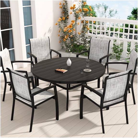 7-Piece Outdoor Patio Dining Set with Round Table and 6 Stackable Chairs, Waterproof Textilene Fabric, Black and Gray Metal Garden Table
