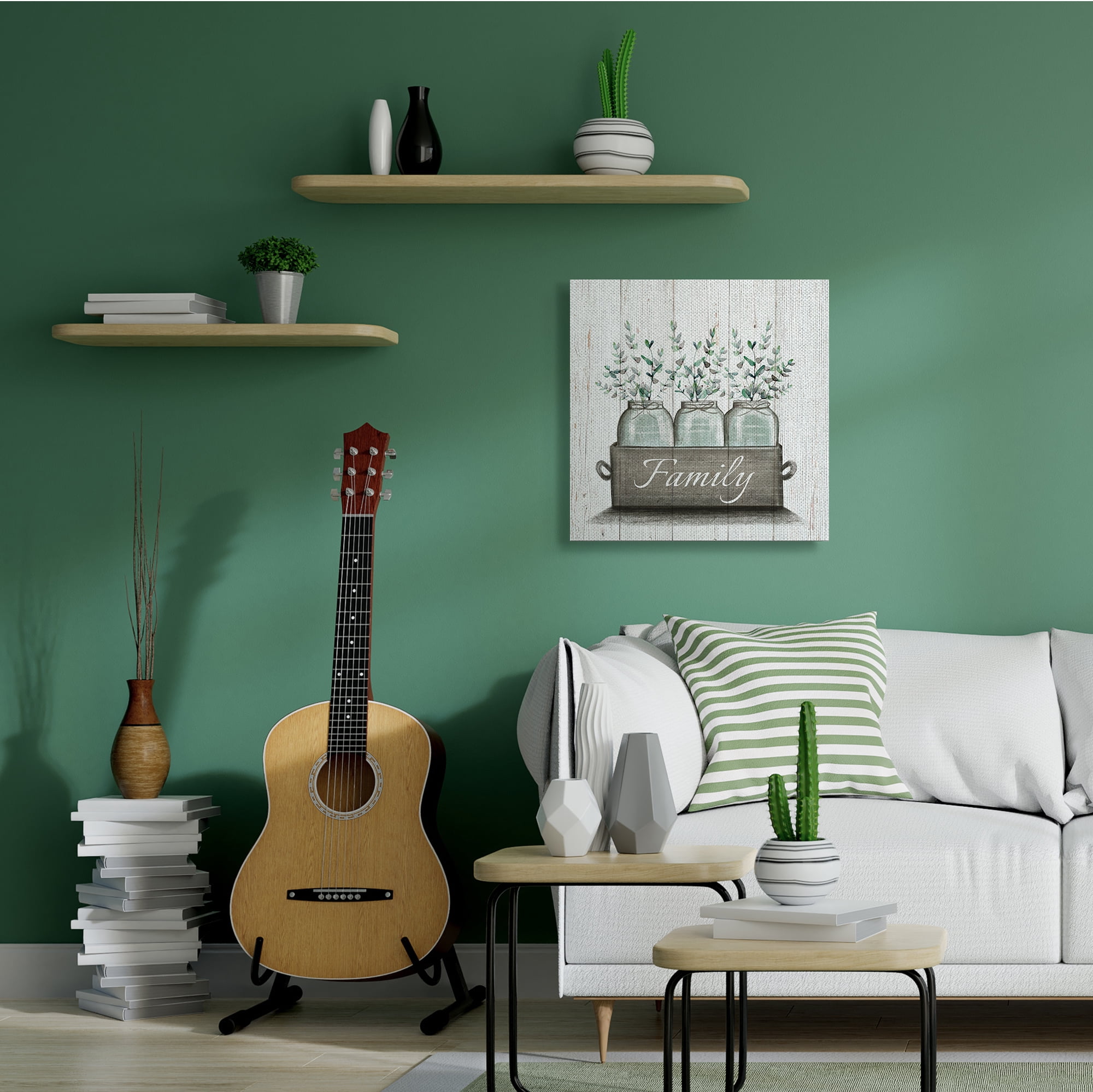 Stupell Industries Green Eucalyptus Foliage Jars with Family Sentiments,36 x 36,Designed by Elizabeth Tyndall