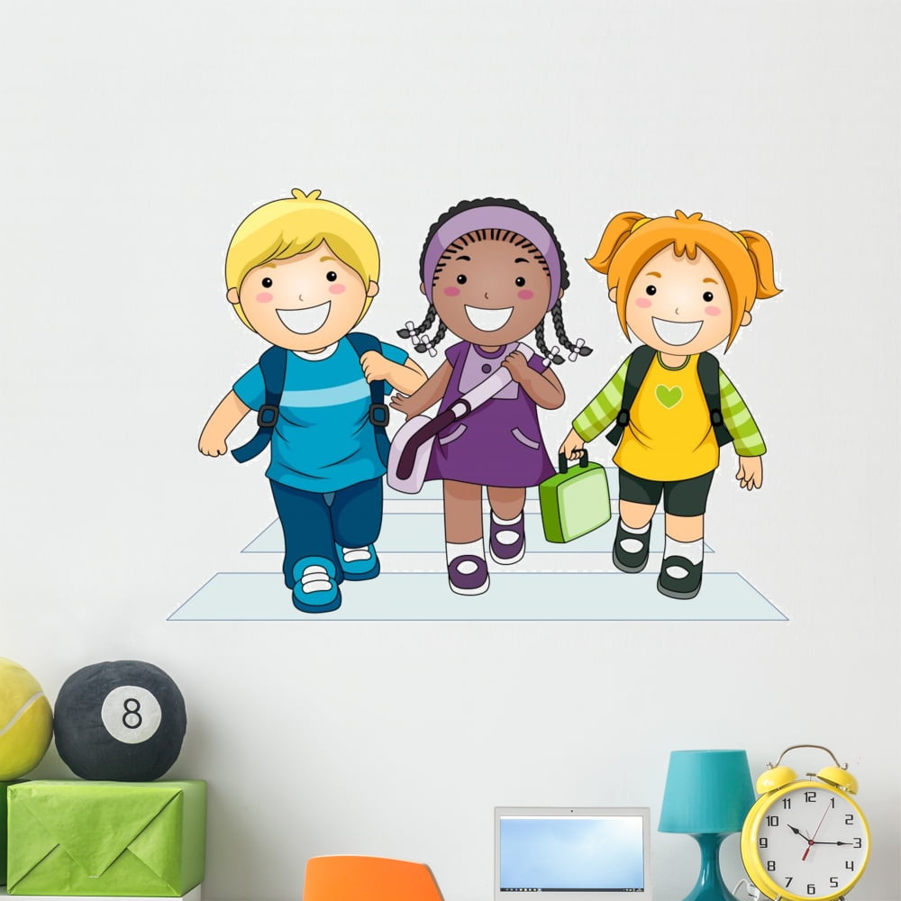 Kids Going to School Wall Decal Mural by Wallmonkeys Vinyl Peel and