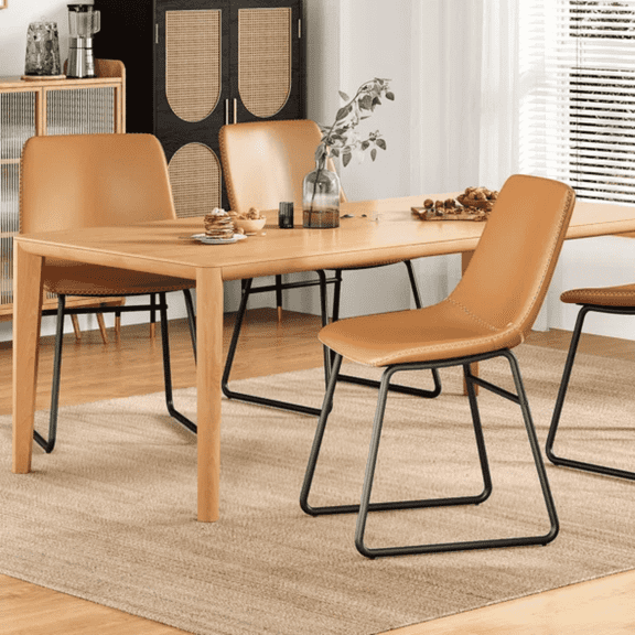 Take Me Home Furniture Burson Armless Dining Chair, Tan Leather Upholstery, Black Metal Legs, Set of 2