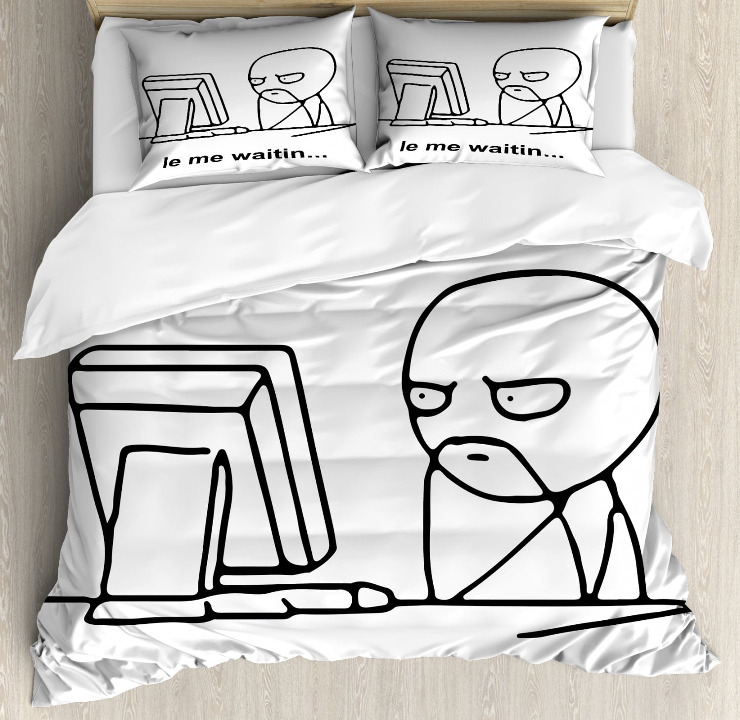 Humor Duvet Cover Set Stickman Meme Face Icon Looking At Computer