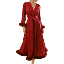 Defitshape Women's Long Robe Satin Luxury Faux Fur Trim Bridal Robes Silk Bathrobe Summer Long Sleeve Bridesmaid Sleepwear Red Small