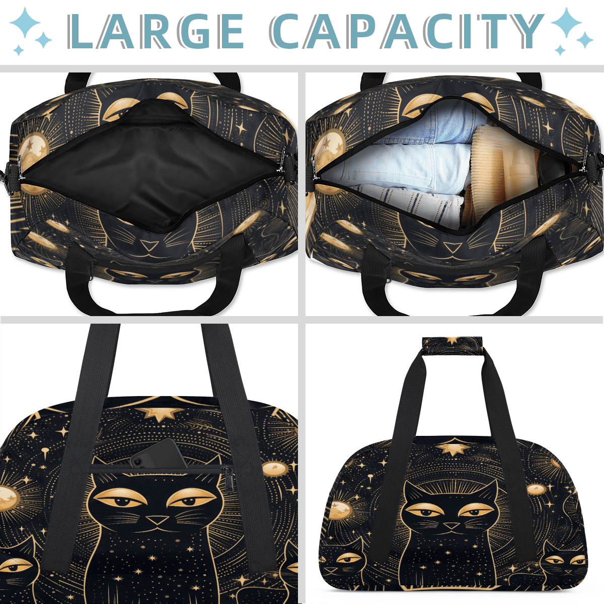 Herdesigns Black Cat Sports Duffle Bag for Women & Men, Gym Bag Dance Bag Overnight Bag Carry On Weekender Travel Bag