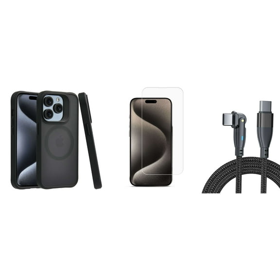 Bemz Phone Case for iPhone 15 Pro Max with Shockproof Protective Wireless Charging Ring Cover, Tempered Glass Screen Protector, USB C 60W LED Rotatable Cable - 6.6Ft (Smoke Black)