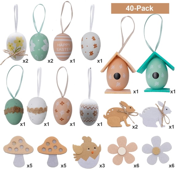 40 Pcs Easter Bunny & Egg Ornaments, Plastic Multi-Style Break-Resistant Hanging, Tree Decor for Spring Festival Party