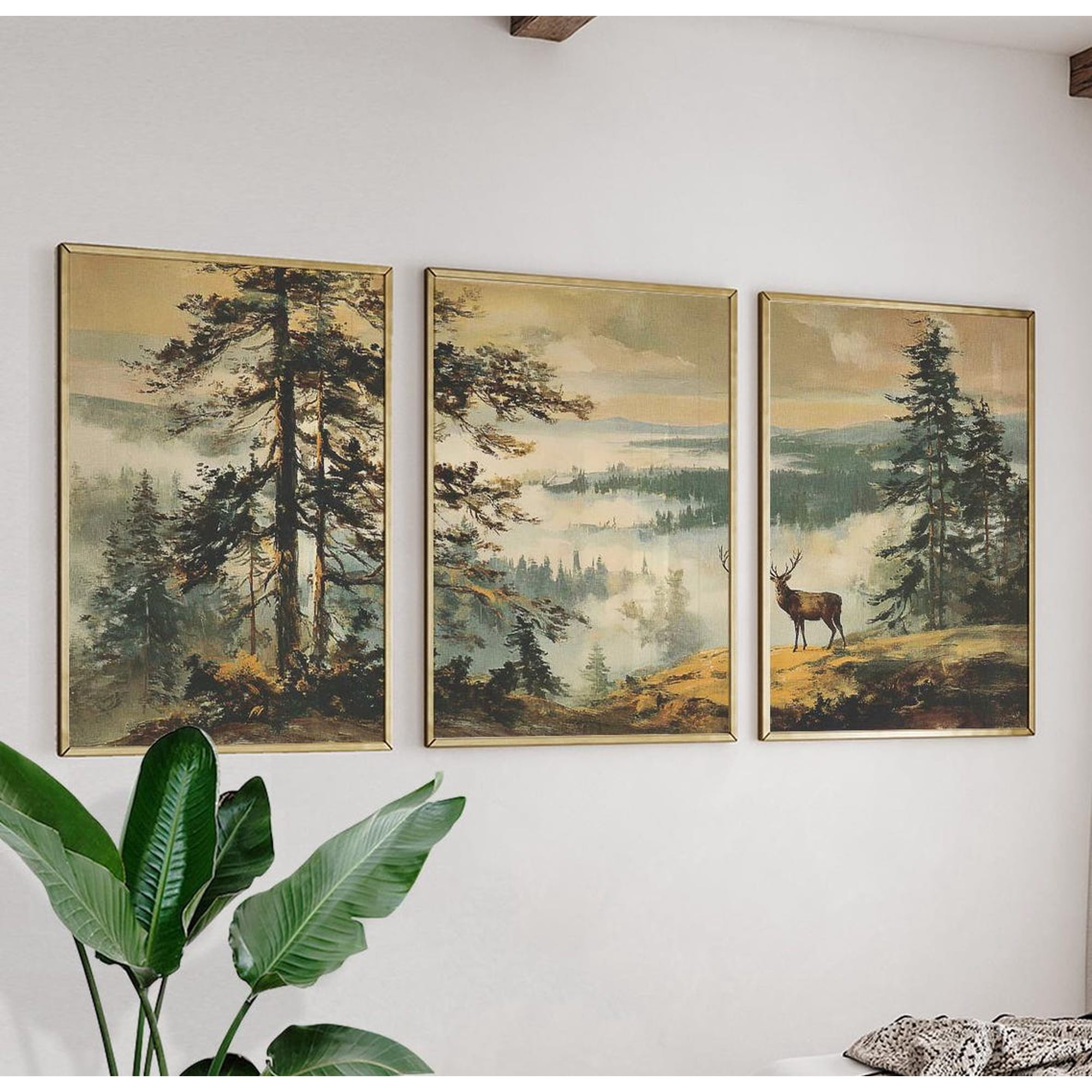Set Of 3 Misty Forest Wall Art Prints Deer Landscape Vintage Woodland Nature Living Room And Gallery Wall Decor