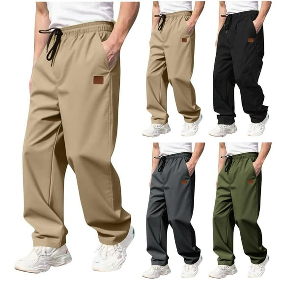 HAOTAGS Men's Solid Color Pants with Pockets, Elastic Waist Outwear Drawstring Casual Pants Khaki M