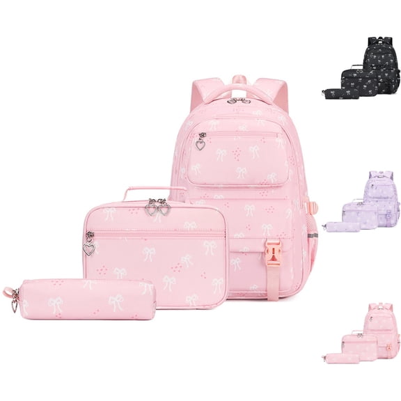 HJYCHN Bookbag for Girls Bow Print 3Pc Set Daypack with Lunch Bag Pencil Case Heart Zipper Pull Back to School Supplies for Kids Backpack for Boys Pink