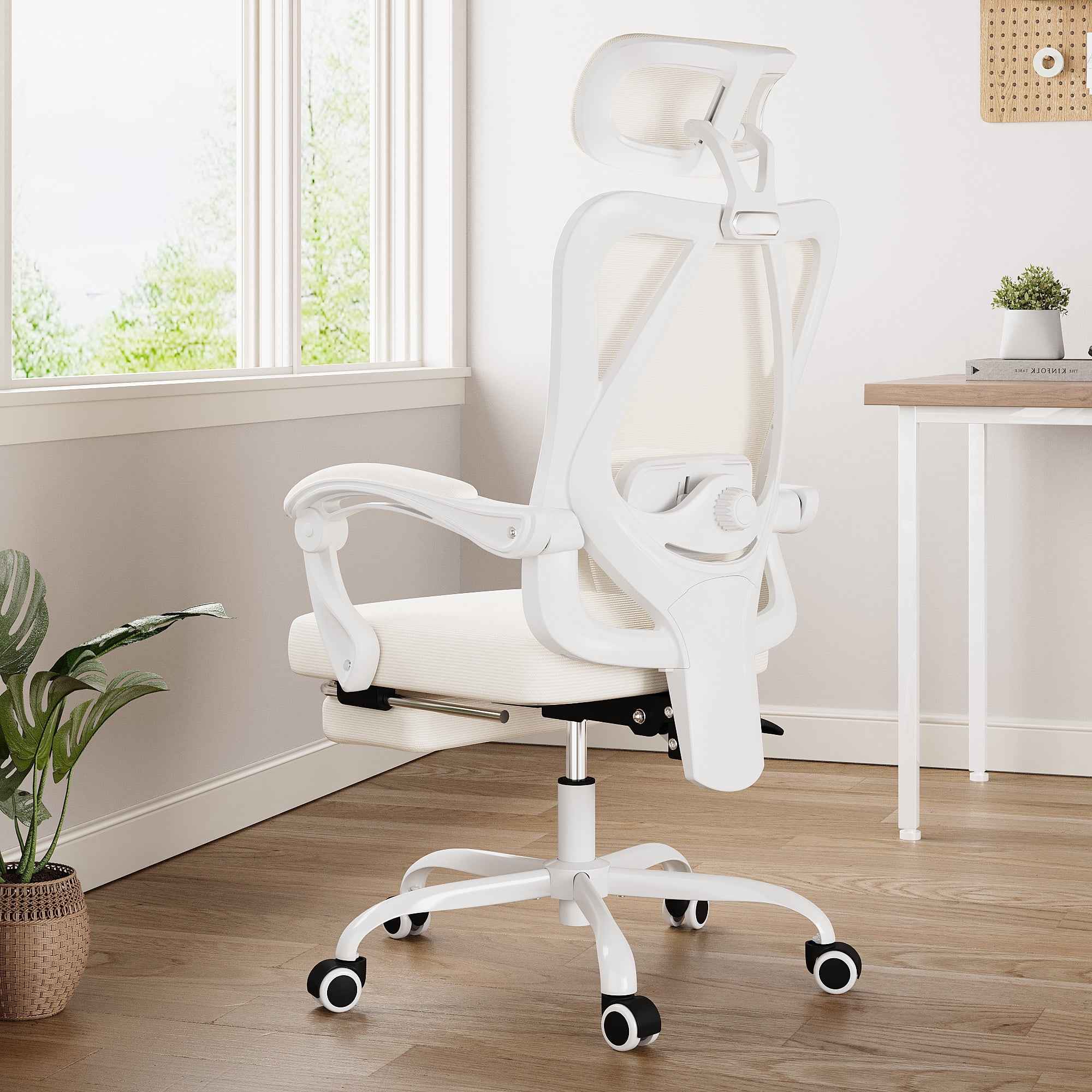 MAYEERTY Ergonomic Mesh Office Chair with Headrest, Lumbar Support, Footrest for Home Office Study, Beige