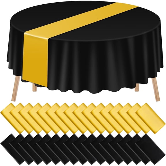 16 Pcs Tablecloths and Satin Table Runner, 84'' Round Plastic Tablecloth and 12 x 108'' Runner, Black and Pure Golden Disposable Tablecloth, Table Cover for Birthday Wedding Party Decor