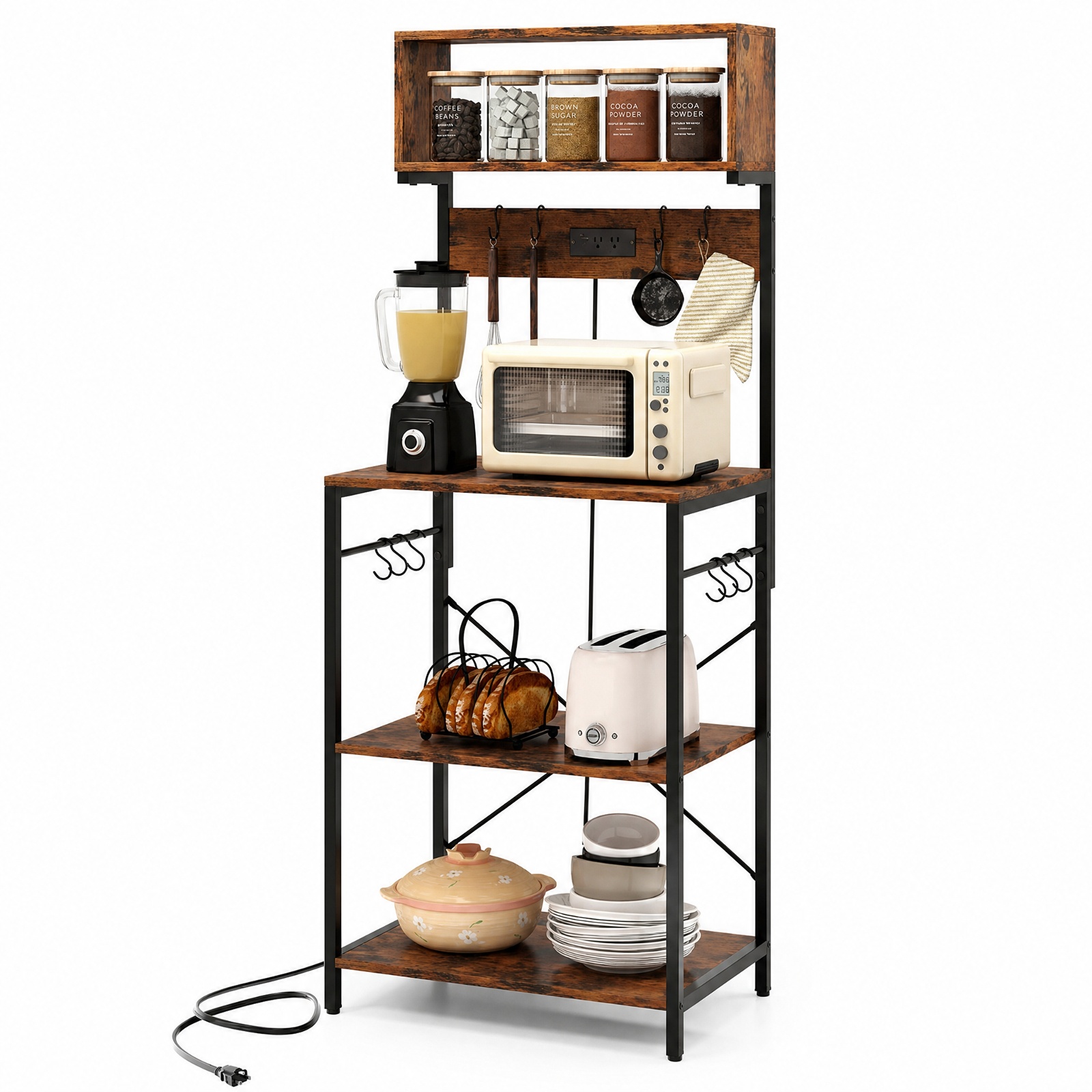 RUIE 60 Inch Tall Microwave Stand with Open Shelves, Kitchen Baker's Rack with Built-in Power Strip and 10 Hanging Hooks, Rustic Brown