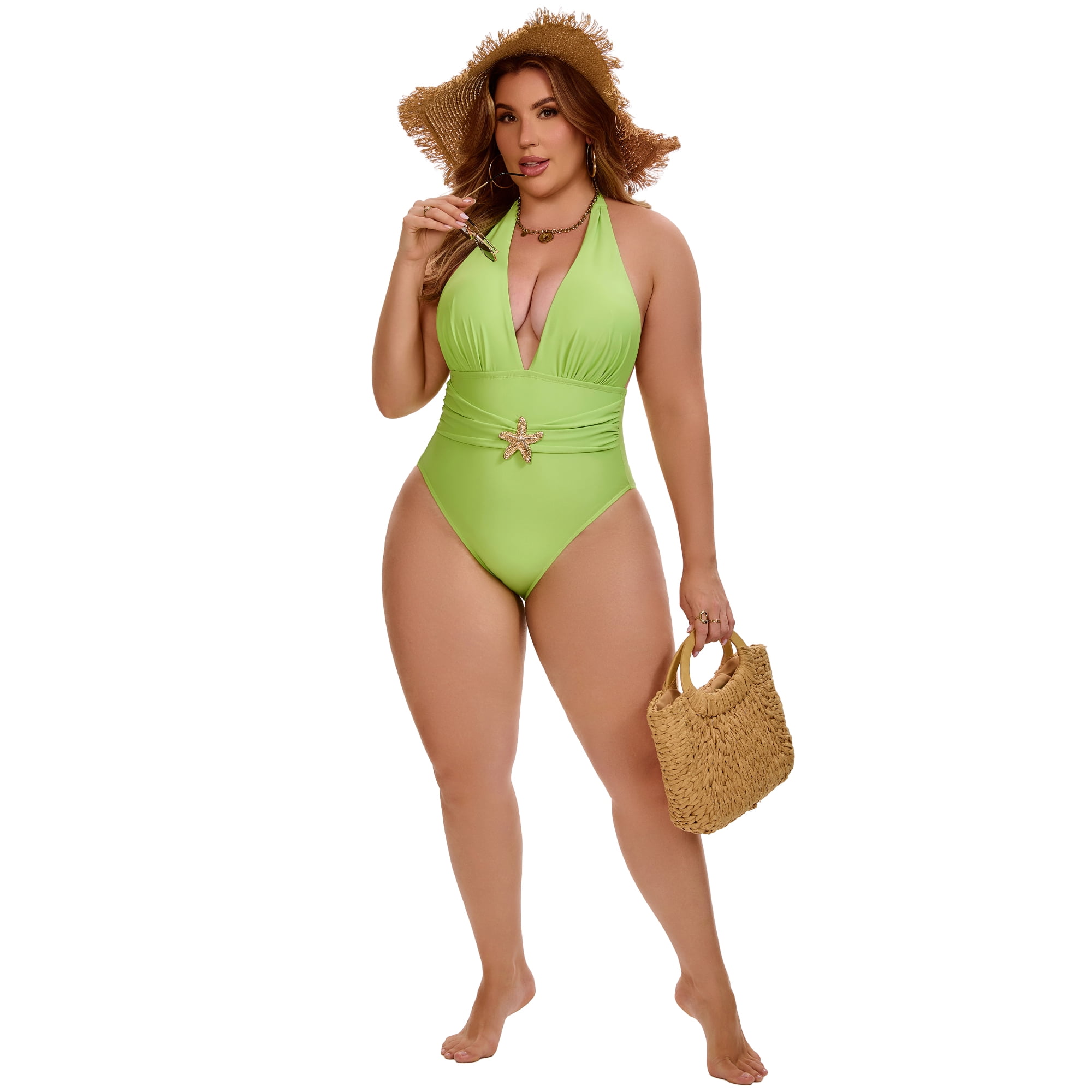 DARING DIVA Women's Plus 1 Piece Halter Tummy Control Swimwear 3X Green