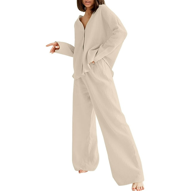 Ensembles de Pyjama pour Femmes Mode pour Dames Couleur Unie Coton Chemise Ample Manches Longues Pyjamas Pyjamas Ensemble Deux Pièces S