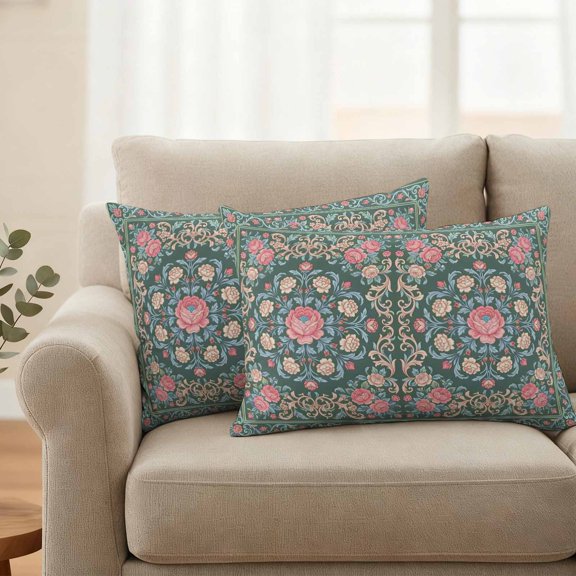 Outdoor Waterproof Throw Pillow Cover Vintage Boho Blossom Floral Decorative Pillow Covers 20x12inch Set of 2 Pillows Case, Farmhouse Sage Green Cushion Cases for Sofa Couch Patio Garden