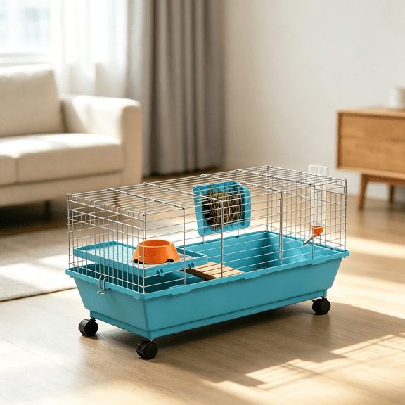 Two-Level Rolling Small Animal Cage with Ramp, Easy-Clean Tray for Indoor Use, Black Iron Pet Enclosure