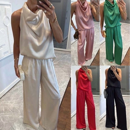 YOIAVAIOY Women s 2026 Elegant Two Piece Outfits Cowl Neck Silk Satin Tank Tops Matching Wide Leg Pants Summer Vacation Lounge Sets Pink XL